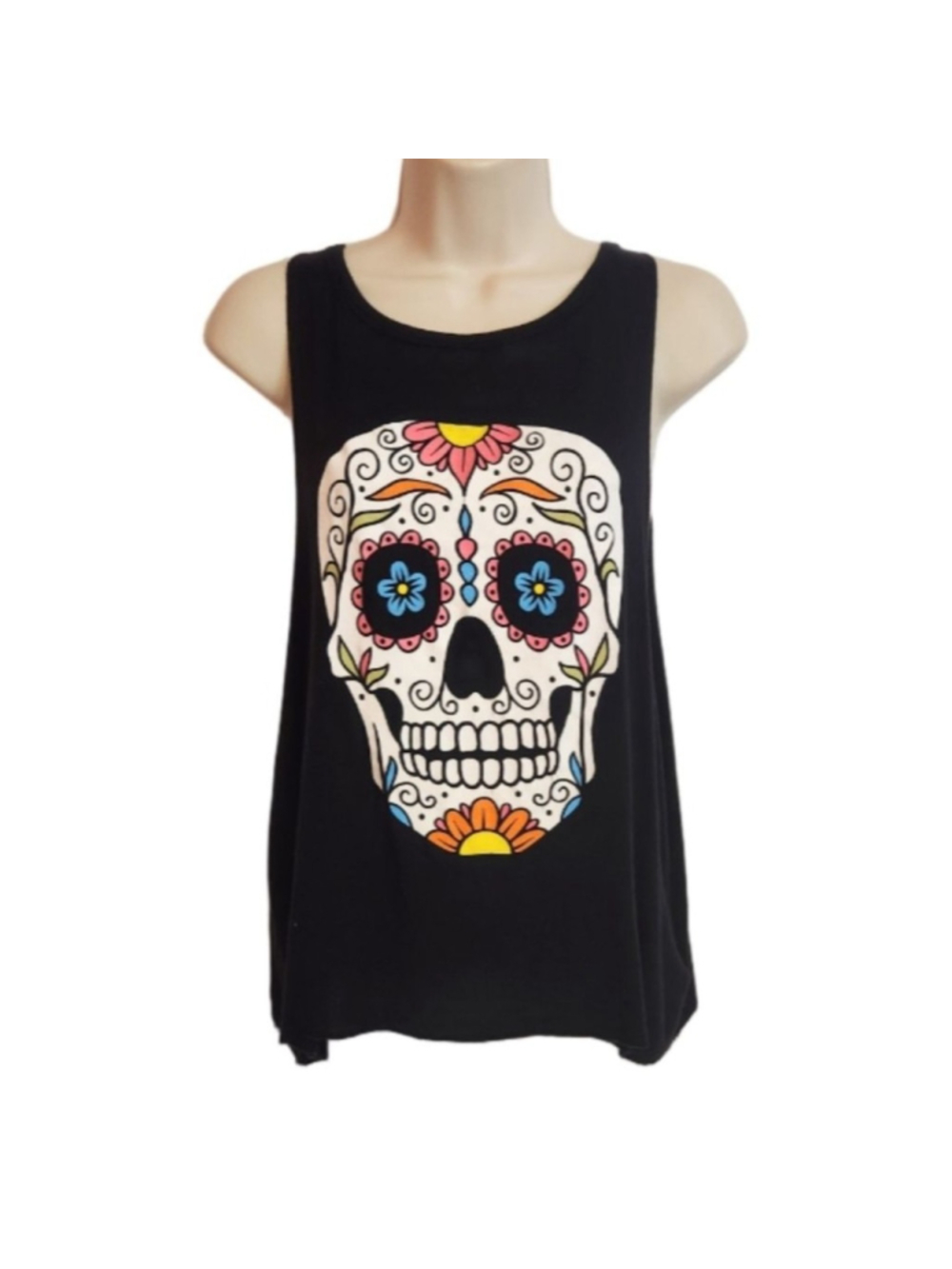Messy Buns Lazy Days Day Of The Dead Sugar Skull Tank Top Black White Medium